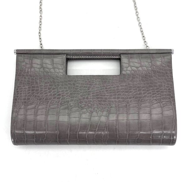 Jessica McClintock Gray Faux Crocodile Emboss Leather Clutch Handbag Chain Strap - Picture 3 of 13